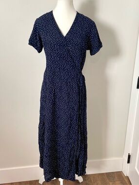 Vintage Polka Dot Short Sleeve Wrap Dress Navy Blue/White Size 6 Teacher Office